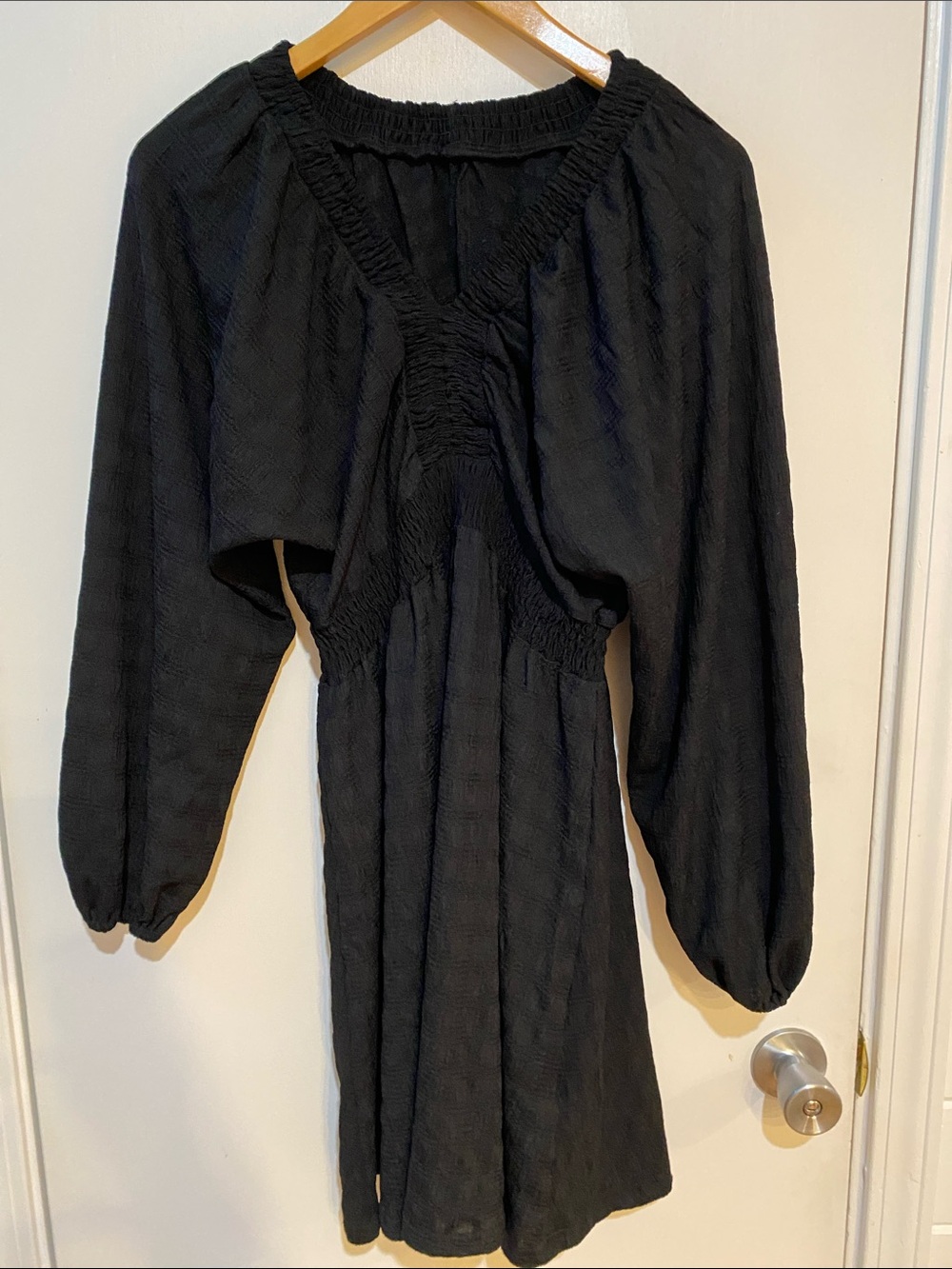 Smocked Black Mini Dress with Balloon Sleeves